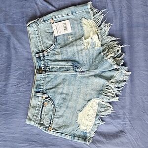 Free People We The Free Loving Good Vibrations Denim Cutoff Shorts Blue 29